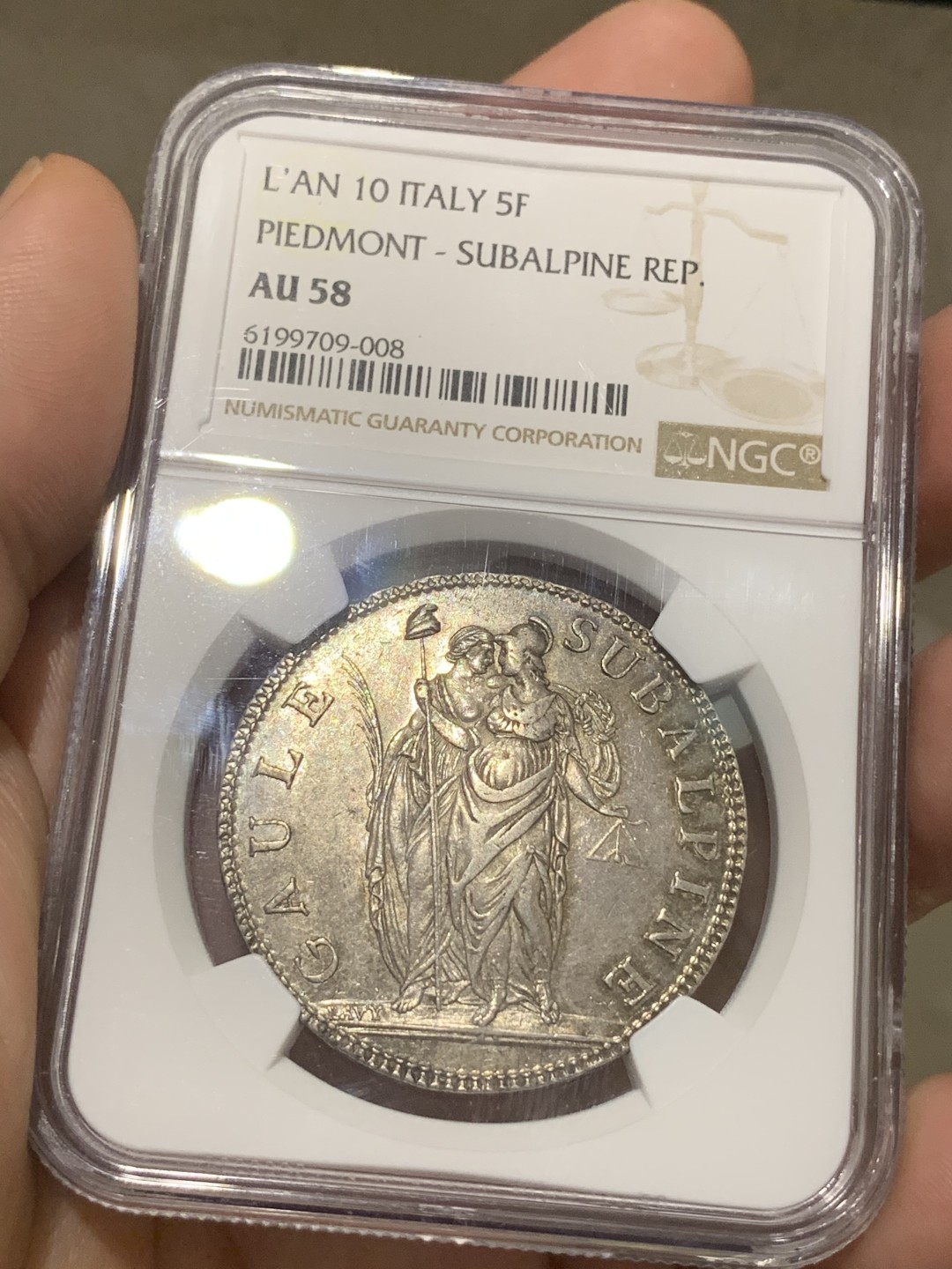 《竞宝斋》第69场-本周日，周一，周四.3场连拍（全场不限金额包邮） NGC AU58 共和10年皮埃蒙特5法郎银币 深打无减重，老包浆，最近共和历的意大利币很火，同版MS61的国内标价2万3