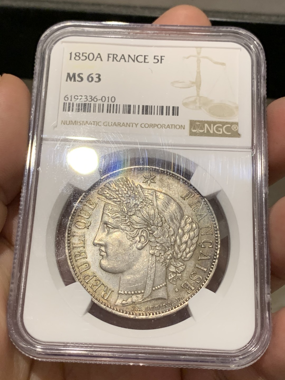 《竞宝斋》第69场-本周日，周一，周四.3场连拍（全场不限金额包邮） NGC-MS63 法国1850年 谷物女神 5法郎银币 环彩包浆 难得品相 63不错的分数 越来越少了