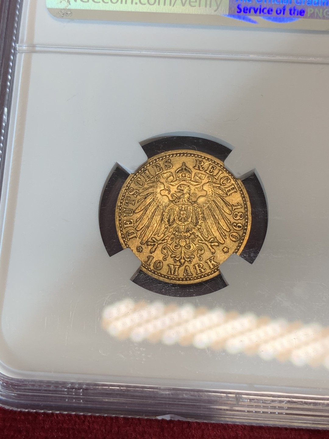 《竞宝斋》第69场-本周日，周一，周四.3场连拍（全场不限金额包邮） NGC XF45 GSA 德国普鲁士1890年A版威廉二世10马克金币 不多见年份更高分5枚