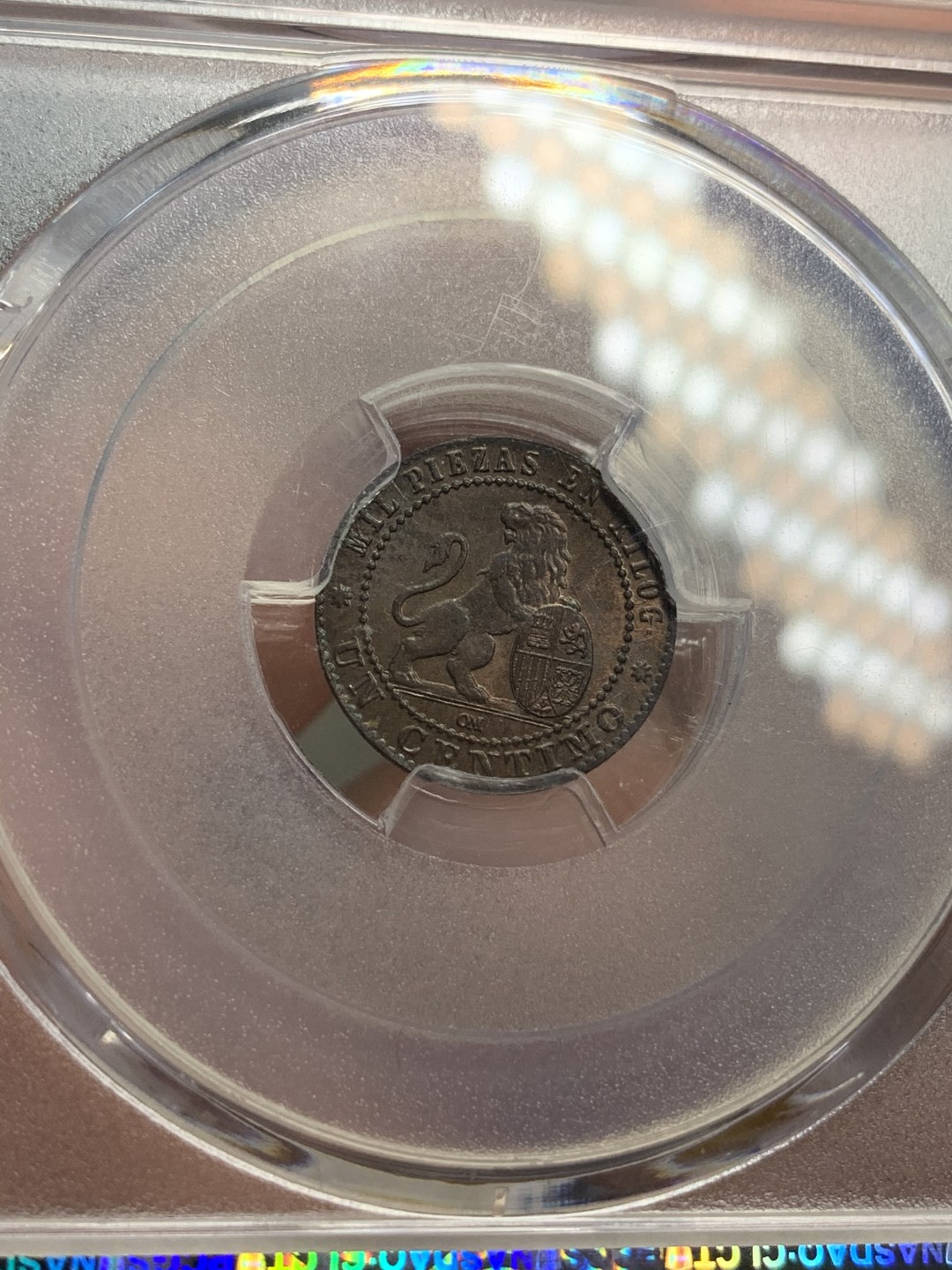 《竞宝斋》第69场-本周日，周一，周四.3场连拍（全场不限金额包邮） PCGS MS65 1870年西班牙女神狮子1分铜币 冠军分，双面彩光