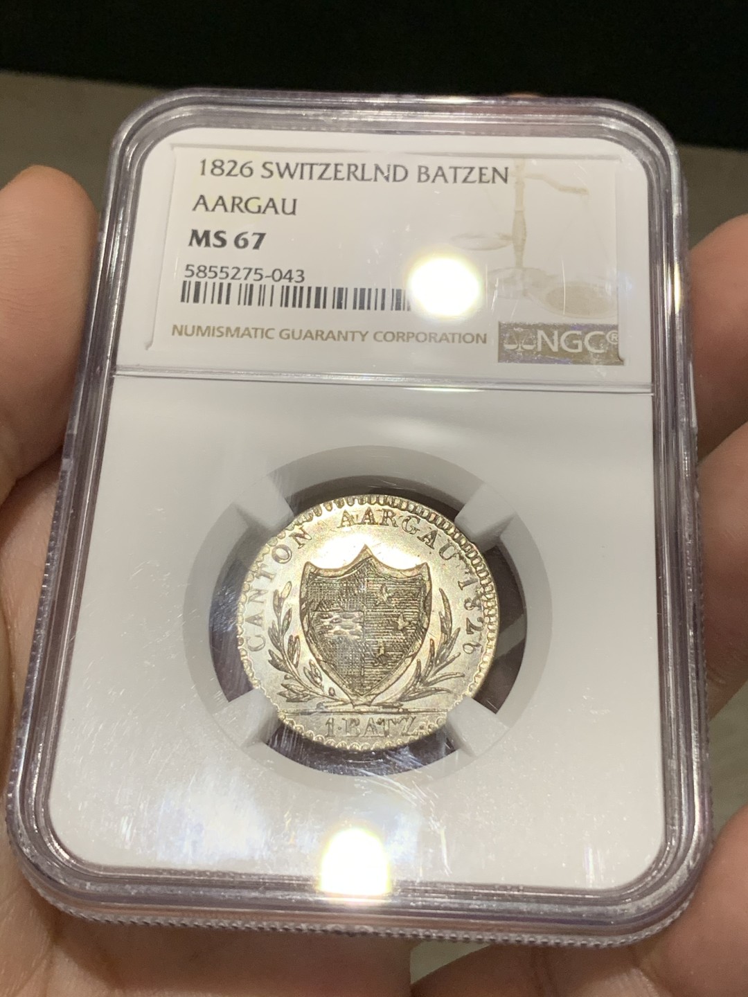 《竞宝斋》第69场-本周日，周一，周四.3场连拍（全场不限金额包邮） NGC MS67 1826年瑞士阿尔高1巴增银币 顶级高分，冠军分，亮晶晶的原银色，保存的很好