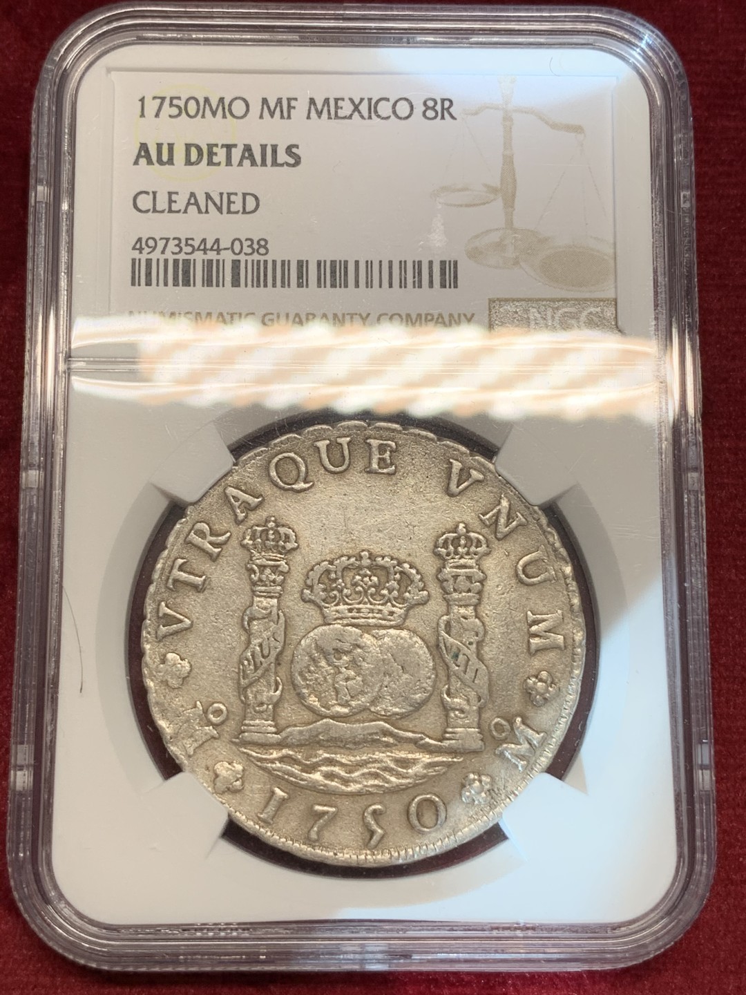 《竞宝斋》第69场-本周日，周一，周四.3场连拍（全场不限金额包邮） NGC AU 细节评级 墨西哥 1750年 双柱 地球 大银币 中期好品 模具特点是粗狂