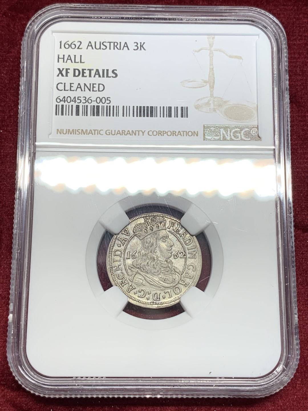 《竞宝斋》第69场-本周日，周一，周四.3场连拍（全场不限金额包邮） NGC-XF 奥地利 1662 HALL厂 斐迪南.卡尔 3K 银币 很不错的状态 稀少品种