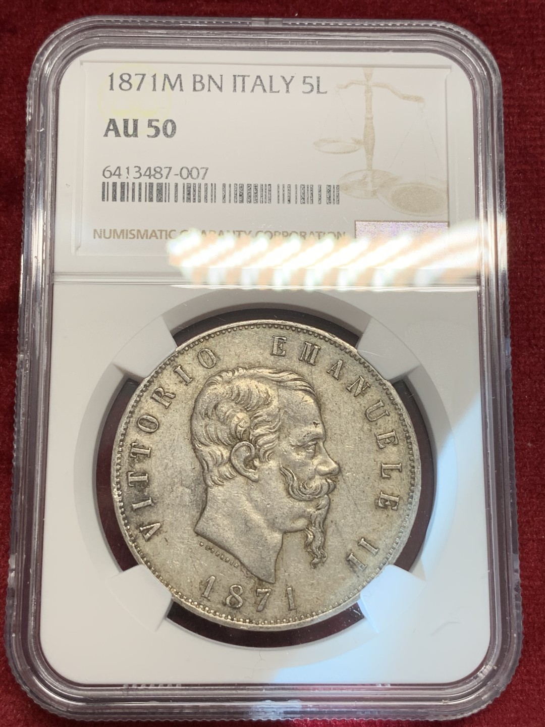 《竞宝斋》第69场-本周日，周一，周四.3场连拍（全场不限金额包邮） NGC AU50  意大利 1871年埃马努埃莱二世五里拉银币 原味包浆 给分难得  状态好