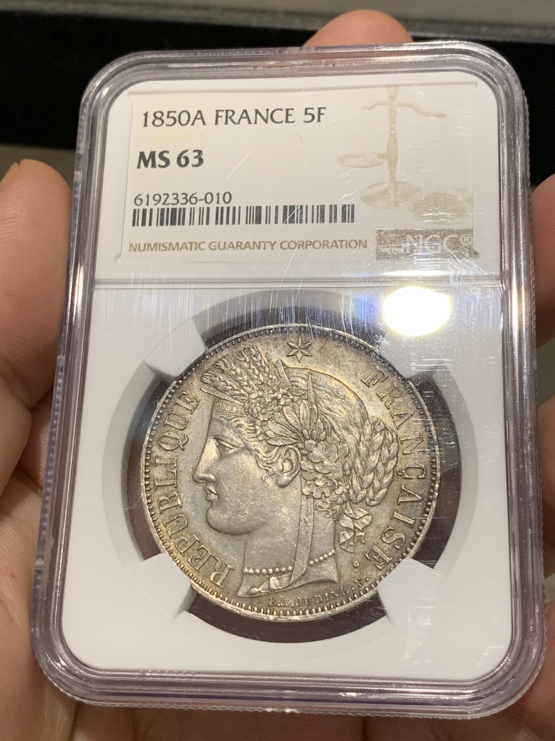 《竞宝斋》第69场-本周日，周一，周四.3场连拍（全场不限金额包邮） NGC-MS63 法国1850年 谷物女神 5法郎银币 环彩包浆 难得品相 63不错的分数 越来越少了