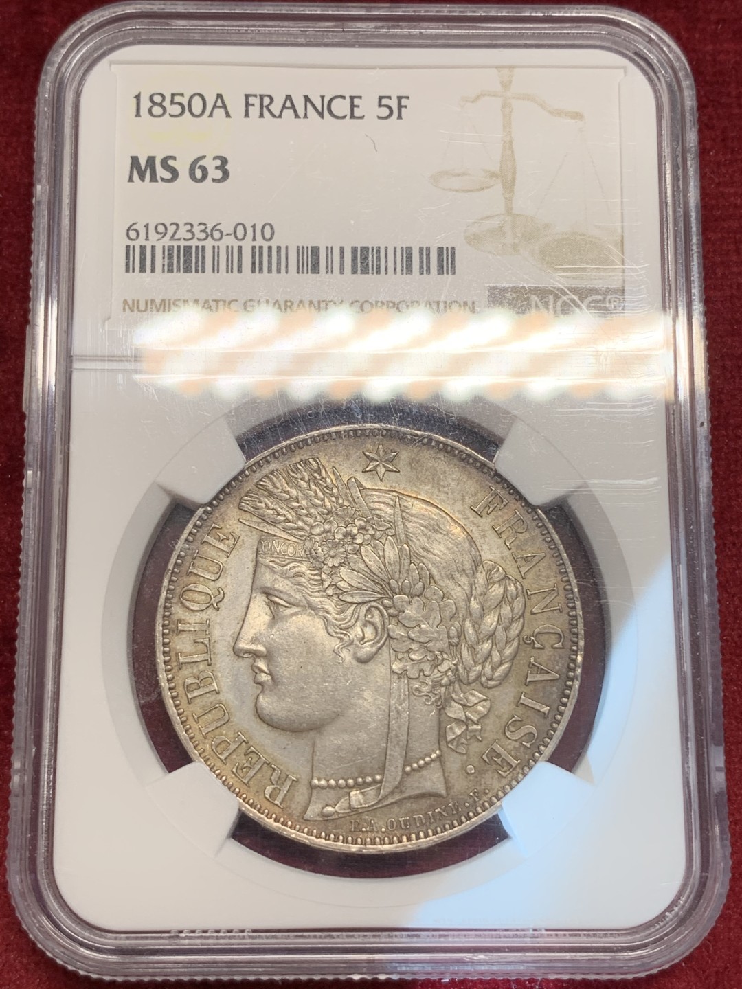 《竞宝斋》第69场-本周日，周一，周四.3场连拍（全场不限金额包邮） NGC-MS63 法国1850年 谷物女神 5法郎银币 环彩包浆 难得品相 63不错的分数 越来越少了