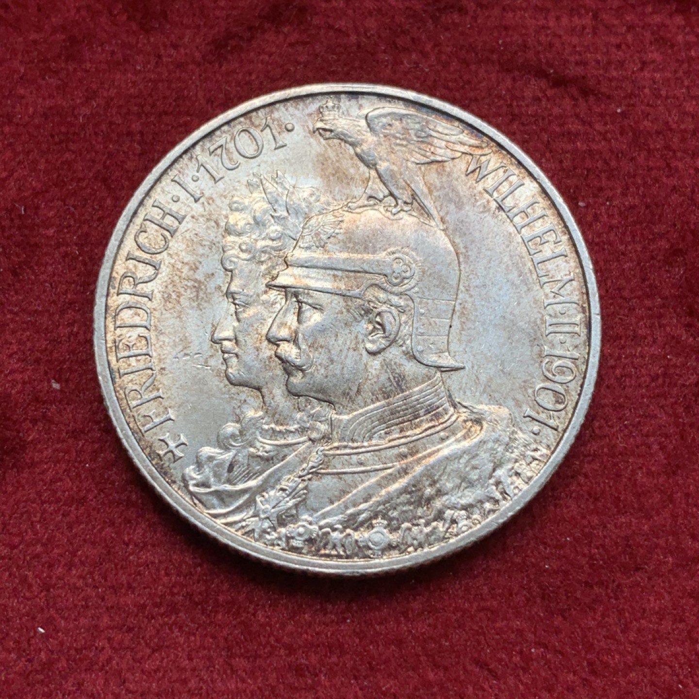 《竞宝斋》第69场-本周日，周一，周四.3场连拍（全场不限金额包邮） 德国 1901年 普鲁士建国200周年纪念 2马克银币 原味包浆