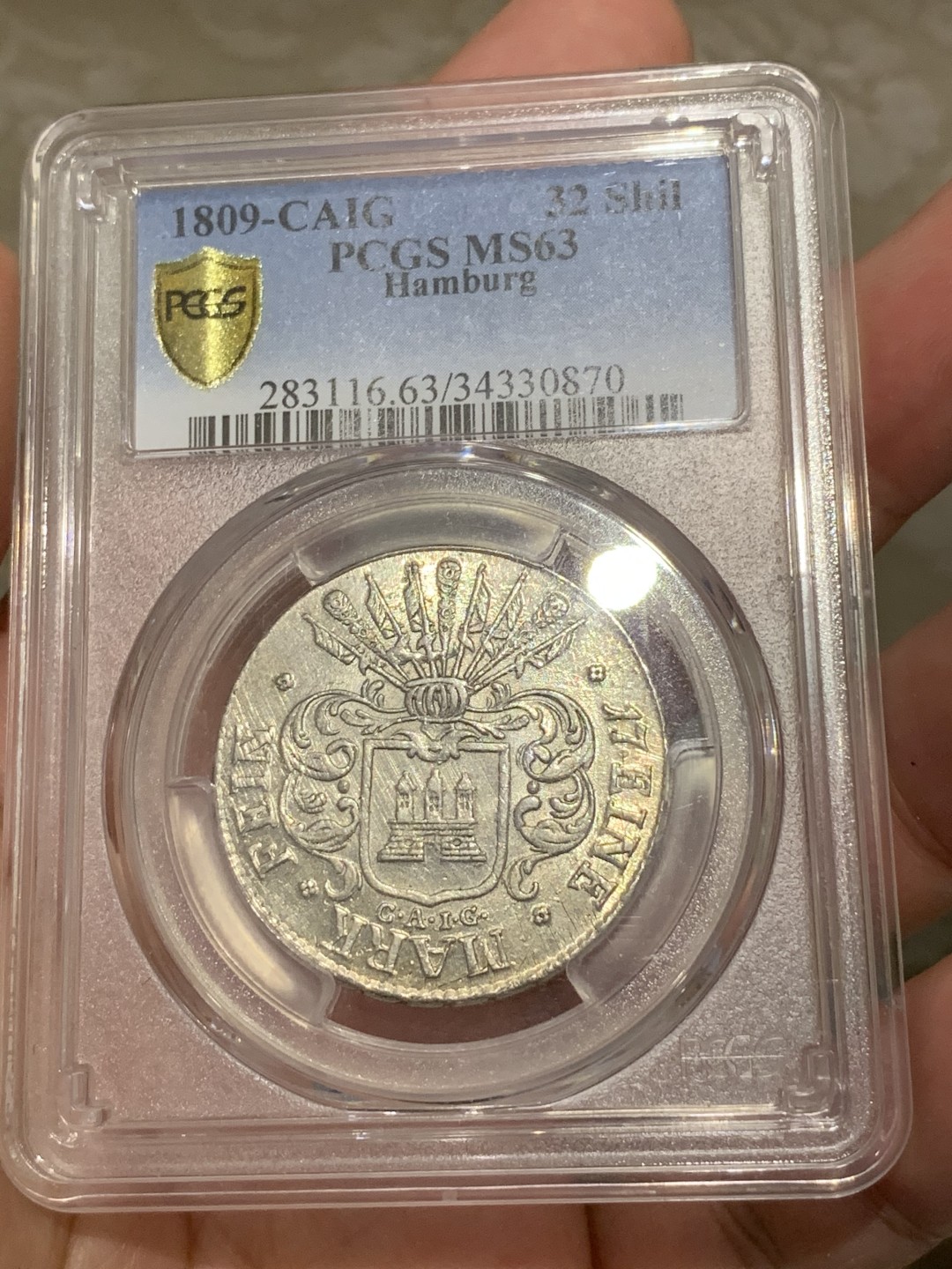 《竞宝斋》第69场-本周日，周一，周四.3场连拍（全场不限金额包邮） PCGS MS63 德国 汉堡自由市 1809年 32先令 银币 历经200年 难得状态