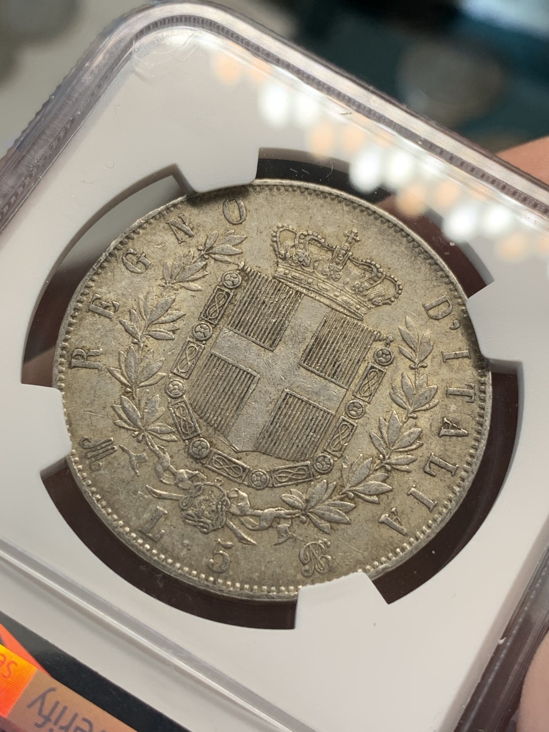 《竞宝斋》第69场-本周日，周一，周四.3场连拍（全场不限金额包邮） NGC AU50  意大利 1871年埃马努埃莱二世五里拉银币 原味包浆 给分难得  状态好