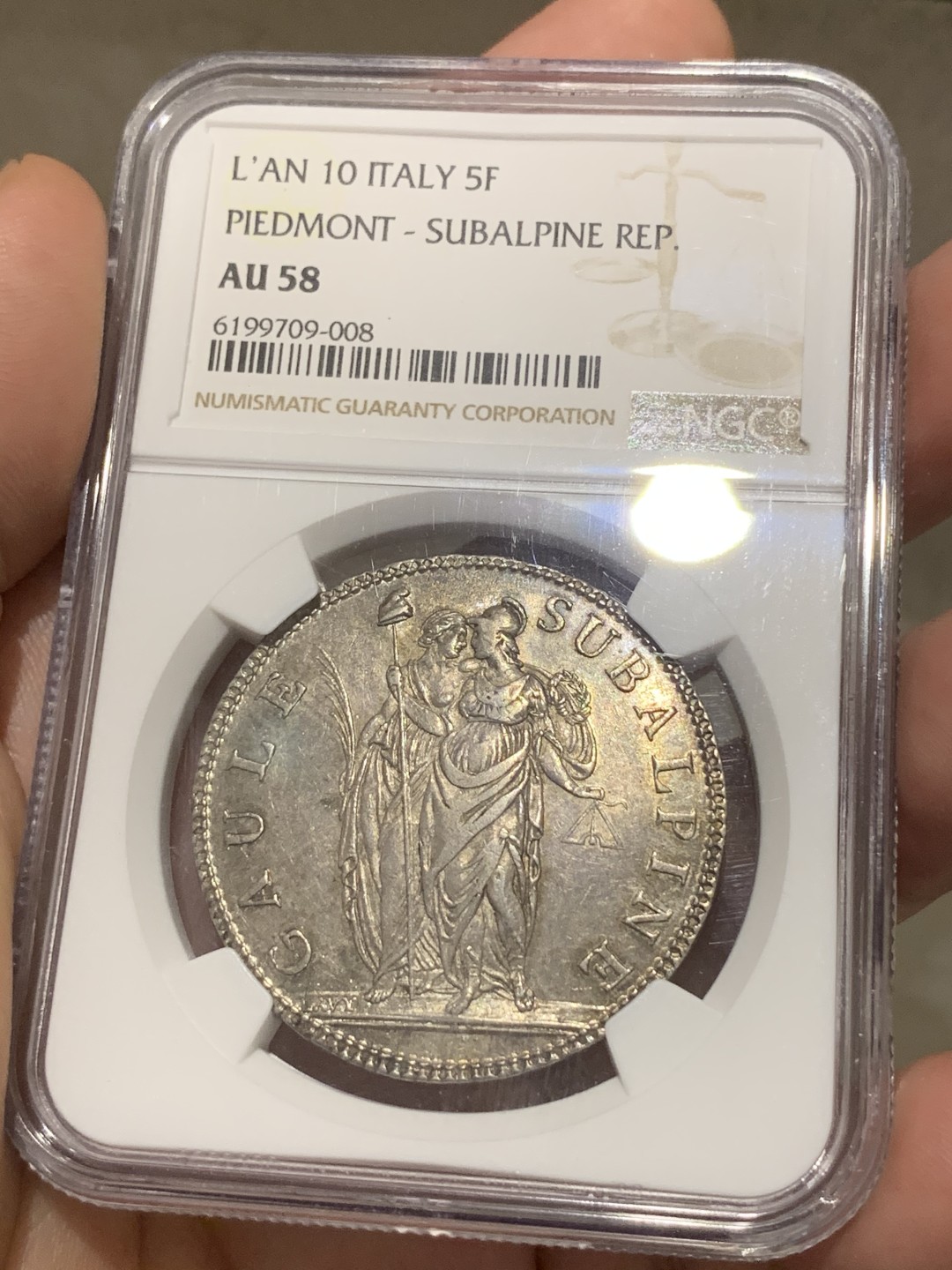 《竞宝斋》第69场-本周日，周一，周四.3场连拍（全场不限金额包邮） NGC AU58 共和10年皮埃蒙特5法郎银币 深打无减重，老包浆，最近共和历的意大利币很火，同版MS61的国内标价2万3