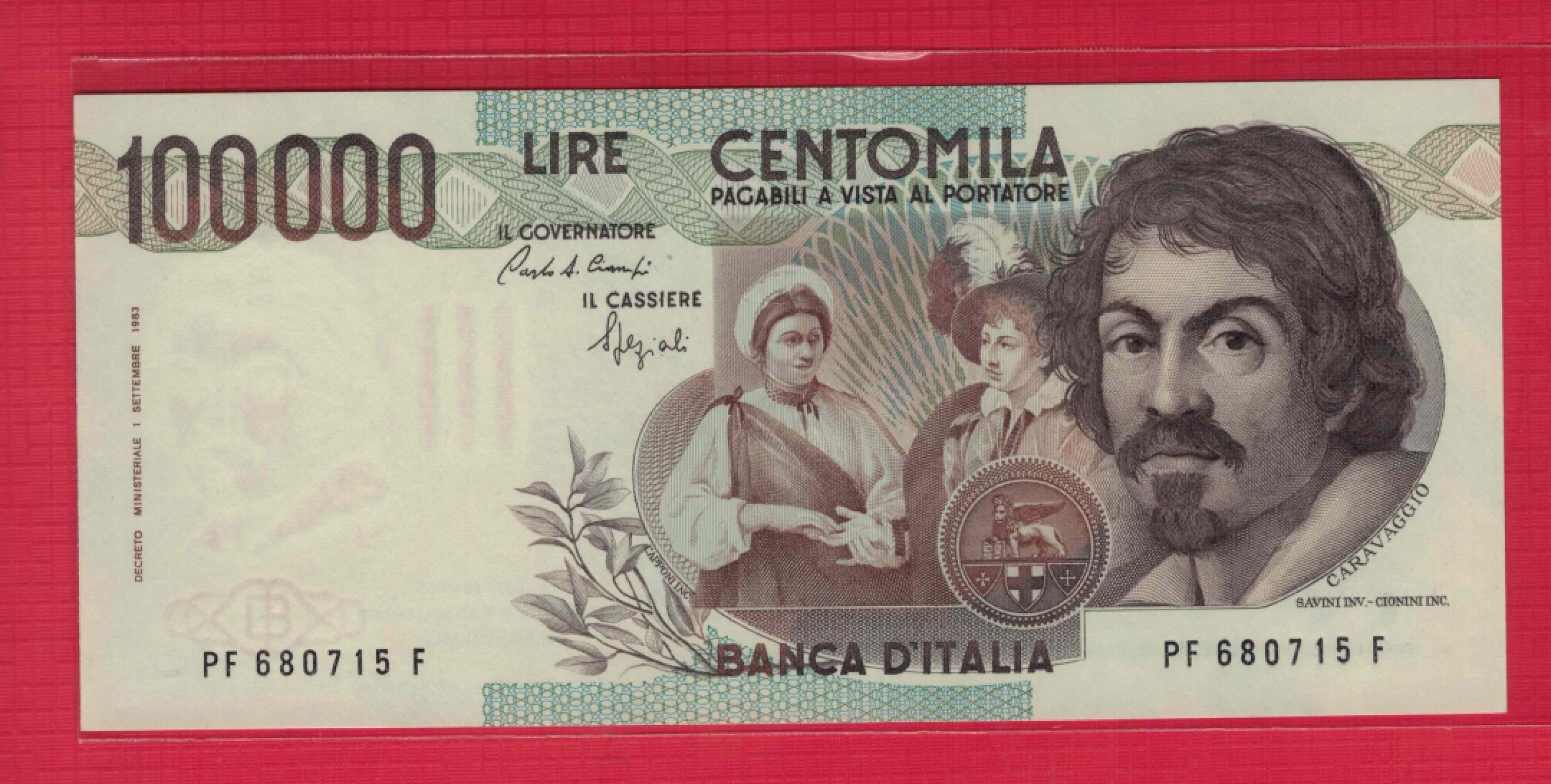 意大利1983年100000里拉(10万里拉) 欧洲纸币 签名之一如图 UNC