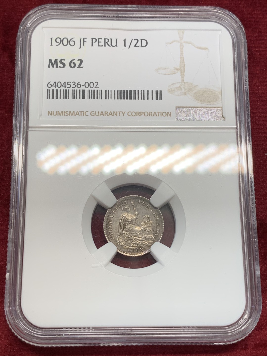 《竞宝斋》第69场-本周日，周一，周四.3场连拍（全场不限金额包邮） NGC-MS62 秘鲁 1906 JF年 坐人 1/2D 银币 南美大热稀少品质 辅币比较少见