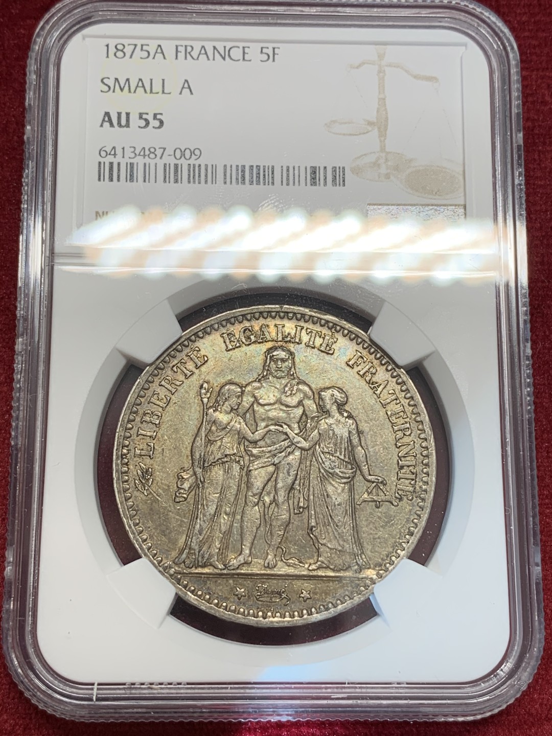 《竞宝斋》第69场-本周日，周一，周四.3场连拍（全场不限金额包邮） NGC AU55 法国 1875年小A版 大力神5法郎银币 双面深包浆 缺点光 细节非常好 也是不多见的年份