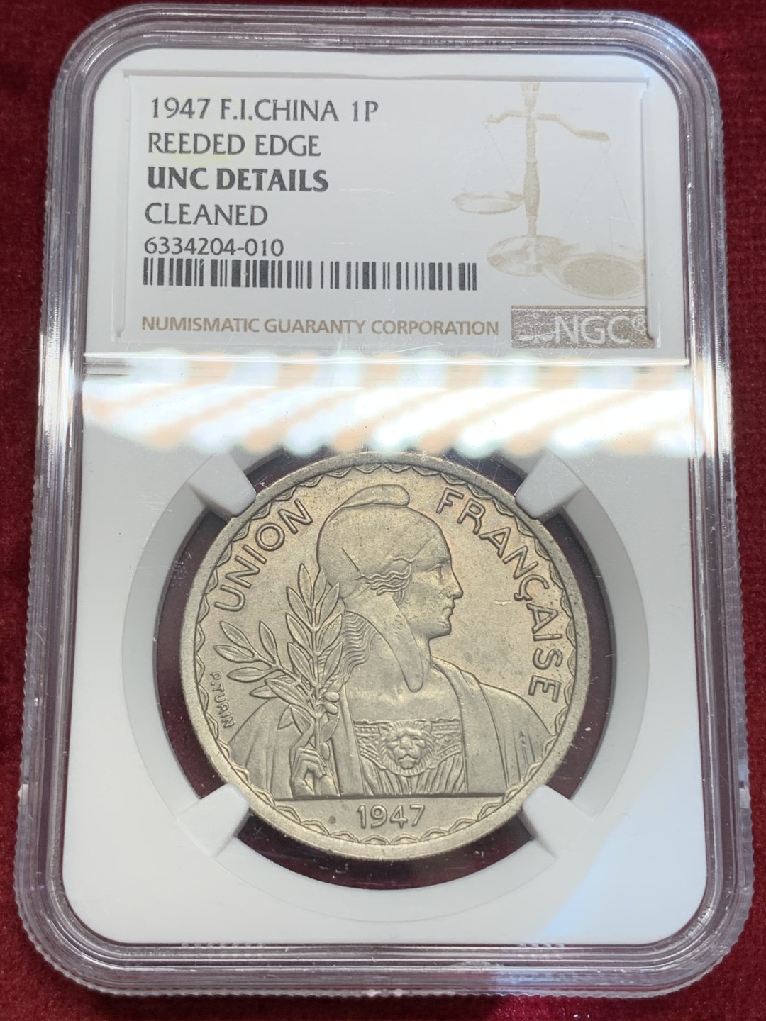 《竞宝斋》第69场-本周日，周一，周四.3场连拍（全场不限金额包邮） NGC UNC 1947年 法属印度支那 1皮谷物大镍币 实物底板光洁 无明显清洗痕迹 齿边版