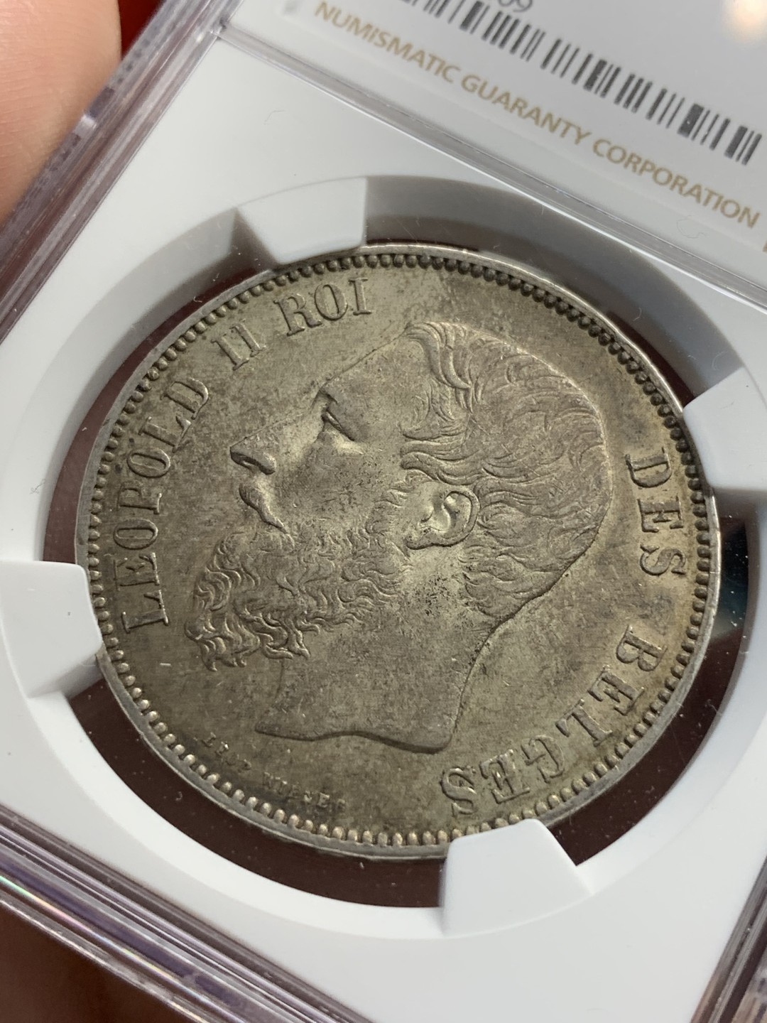 《竞宝斋》第69场-本周日，周一，周四.3场连拍（全场不限金额包邮） NGC-AU55 比利时 1873-A年 利奥波德二世 5法郎 大银币 老包浆很漂亮