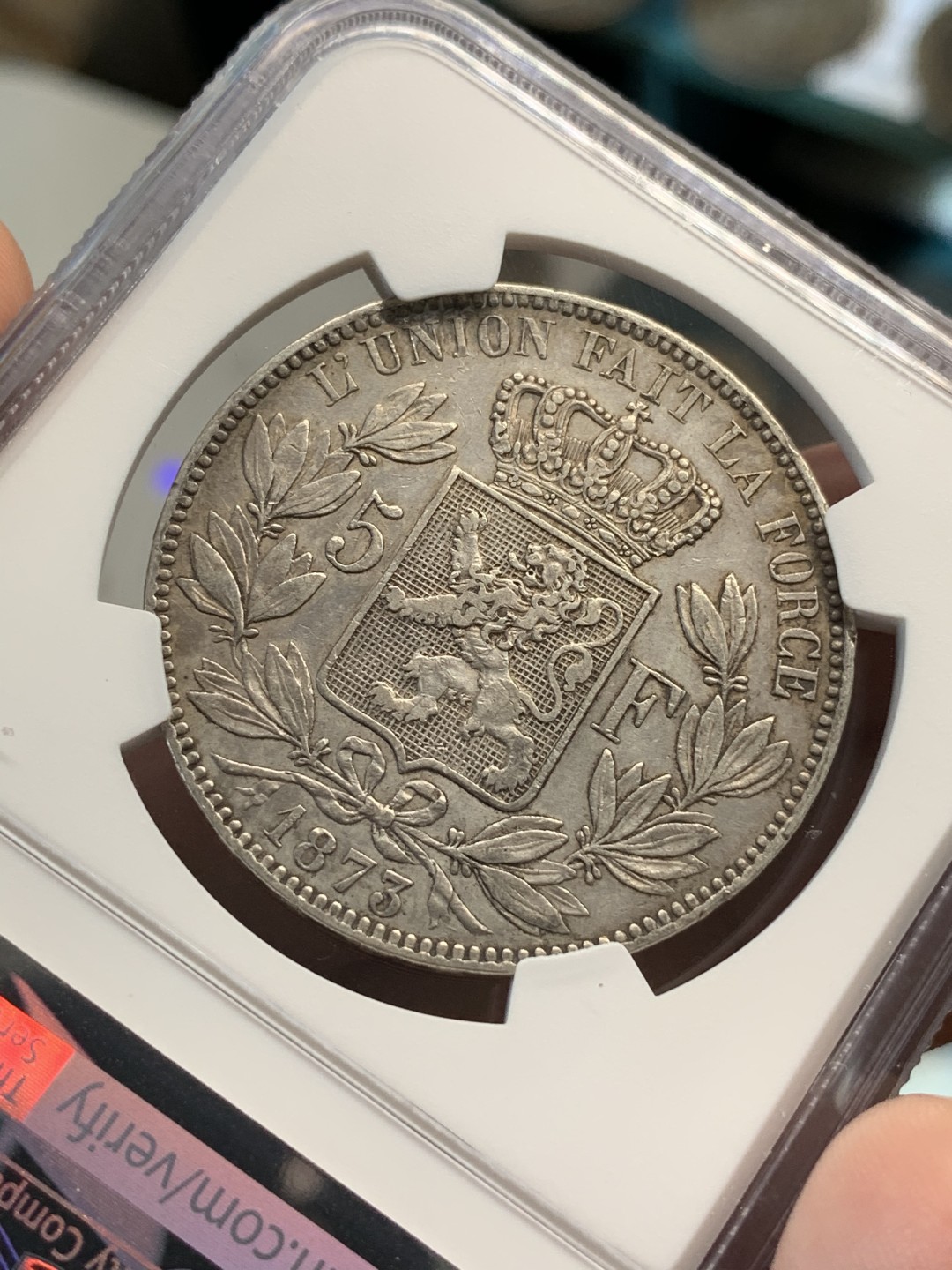 《竞宝斋》第69场-本周日，周一，周四.3场连拍（全场不限金额包邮） NGC AU细节评级 比利时 1873年利奥波德二世五法郎银币 带底光好品相