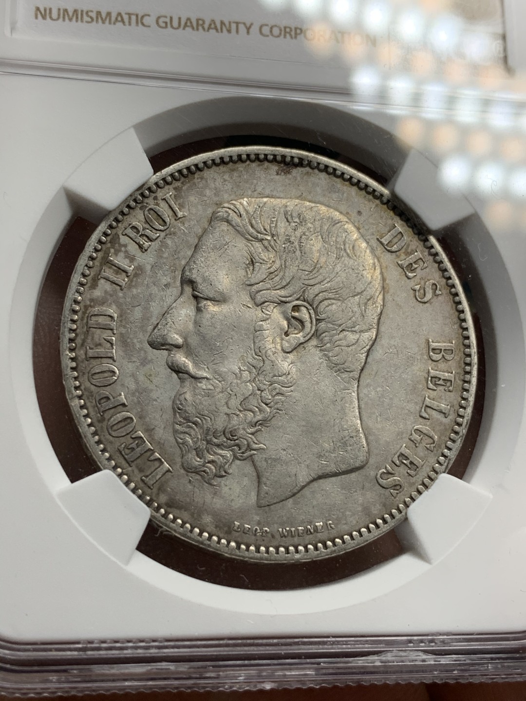 《竞宝斋》第69场-本周日，周一，周四.3场连拍（全场不限金额包邮） NGC AU细节评级 比利时 1873年利奥波德二世五法郎银币 带底光好品相