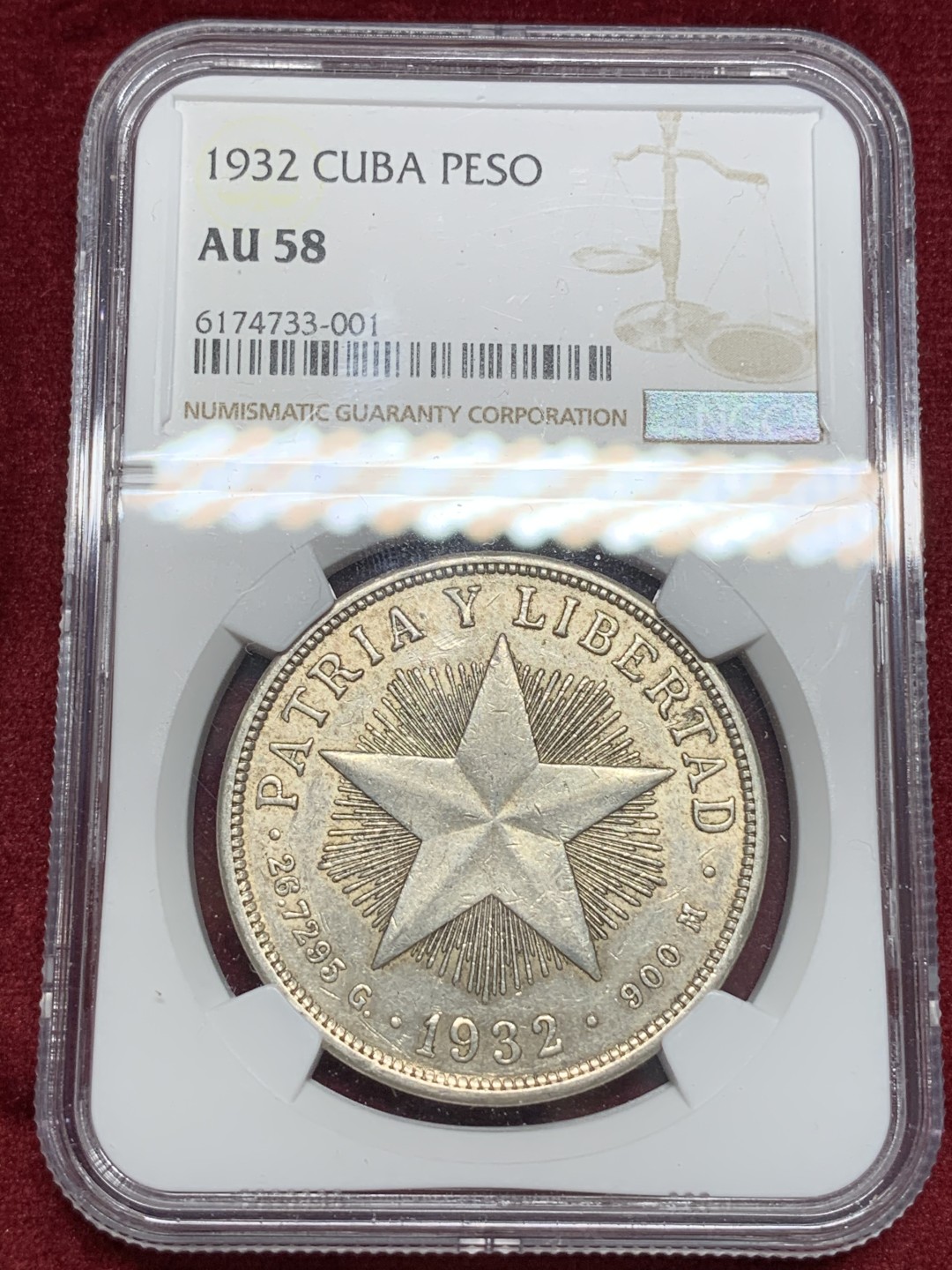 《竞宝斋》第69场-本周日，周一，周四.3场连拍（全场不限金额包邮） NGC-AU58 古巴1932年 大五星1比索 银币 大热品种
