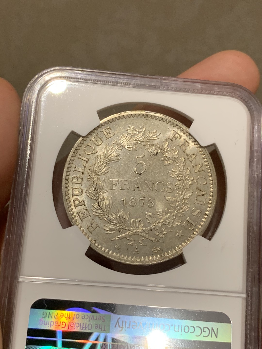 《竞宝斋》第69场-本周日，周一，周四.3场连拍（全场不限金额包邮） NGC-MS63 法国1873-A年 大力神 5法郎大银币 原光好品 状态一流