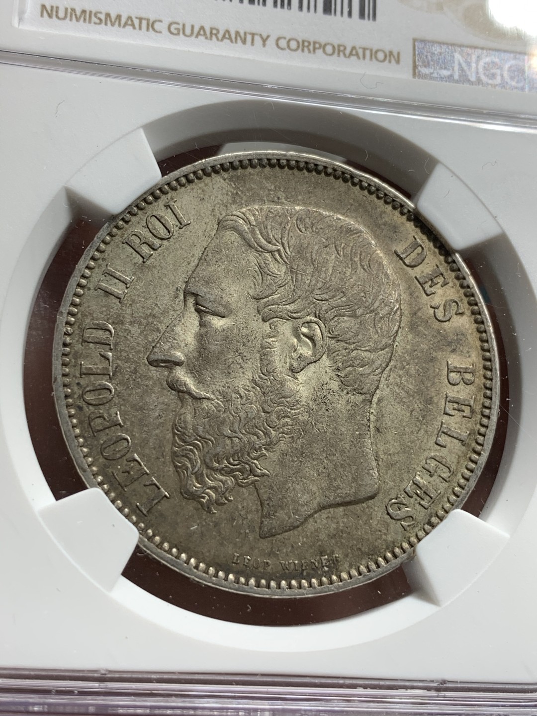 《竞宝斋》第69场-本周日，周一，周四.3场连拍（全场不限金额包邮） NGC-AU55 比利时 1873-A年 利奥波德二世 5法郎 大银币 老包浆很漂亮