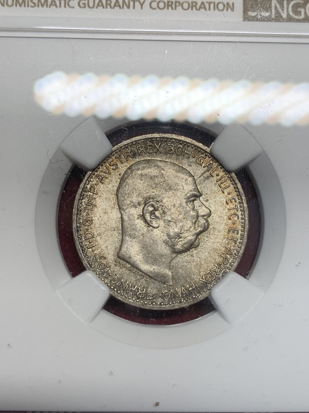 《竞宝斋》第69场-本周日，周一，周四.3场连拍（全场不限金额包邮） NGC-MS64 奥地利 1915年佛朗茨约瑟夫 1克朗 银币 五彩包浆 