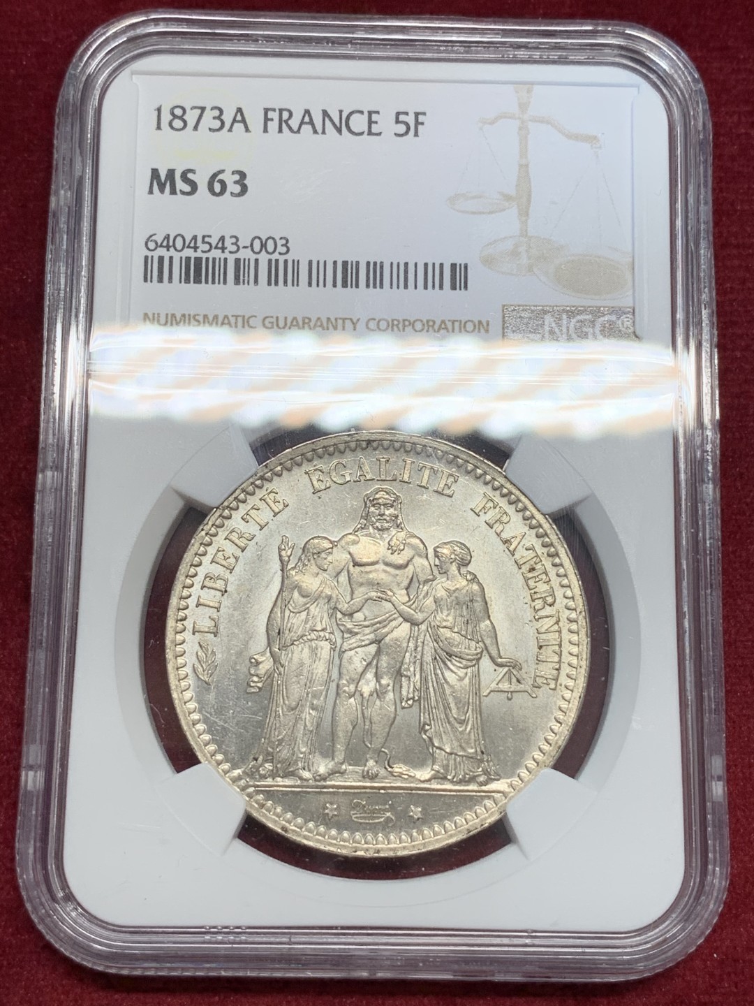 《竞宝斋》第69场-本周日，周一，周四.3场连拍（全场不限金额包邮） NGC-MS63 法国1873-A年 大力神 5法郎大银币 原光好品 状态一流