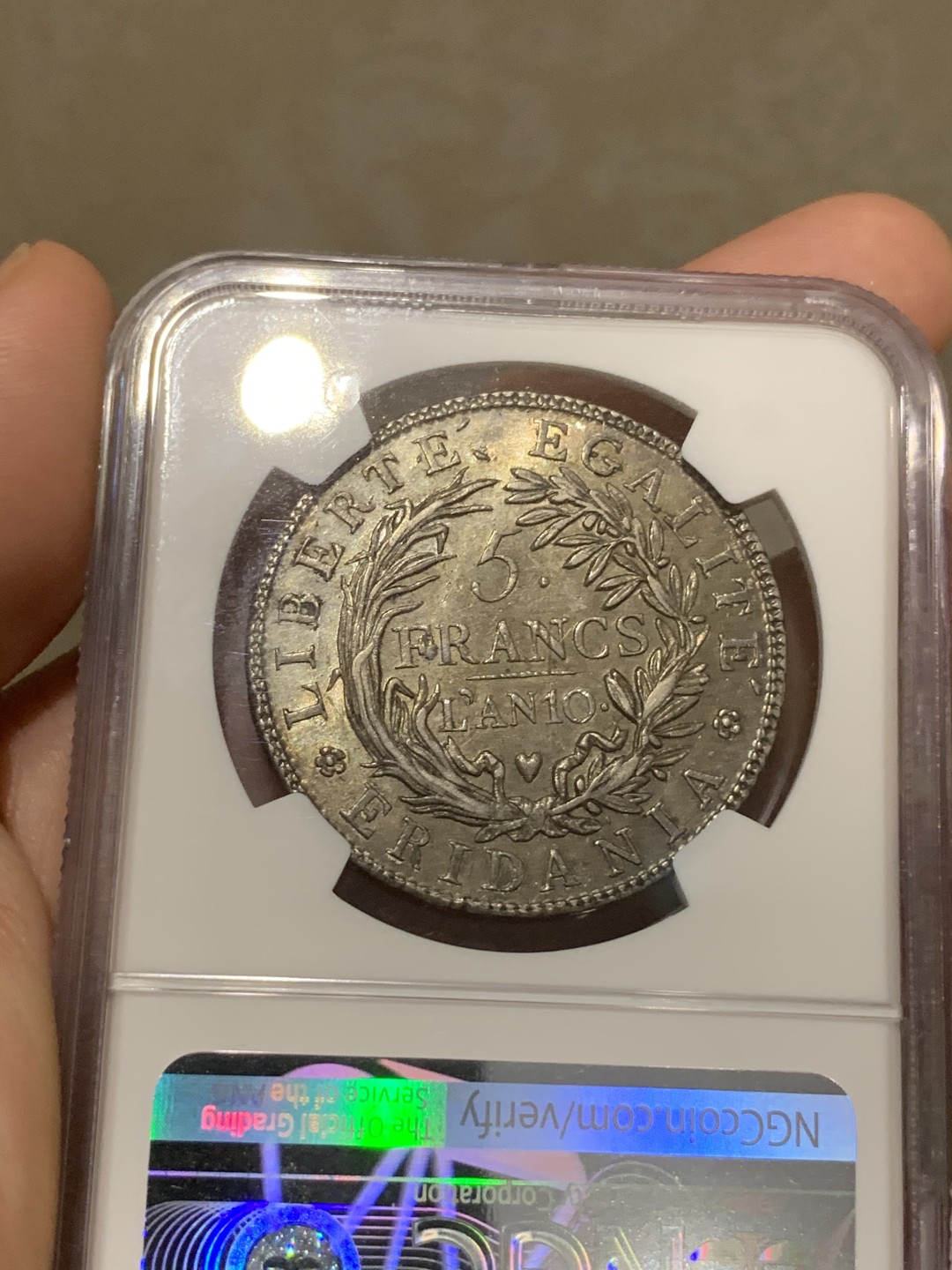 《竞宝斋》第69场-本周日，周一，周四.3场连拍（全场不限金额包邮） NGC AU58 共和10年皮埃蒙特5法郎银币 深打无减重，老包浆，最近共和历的意大利币很火，同版MS61的国内标价2万3