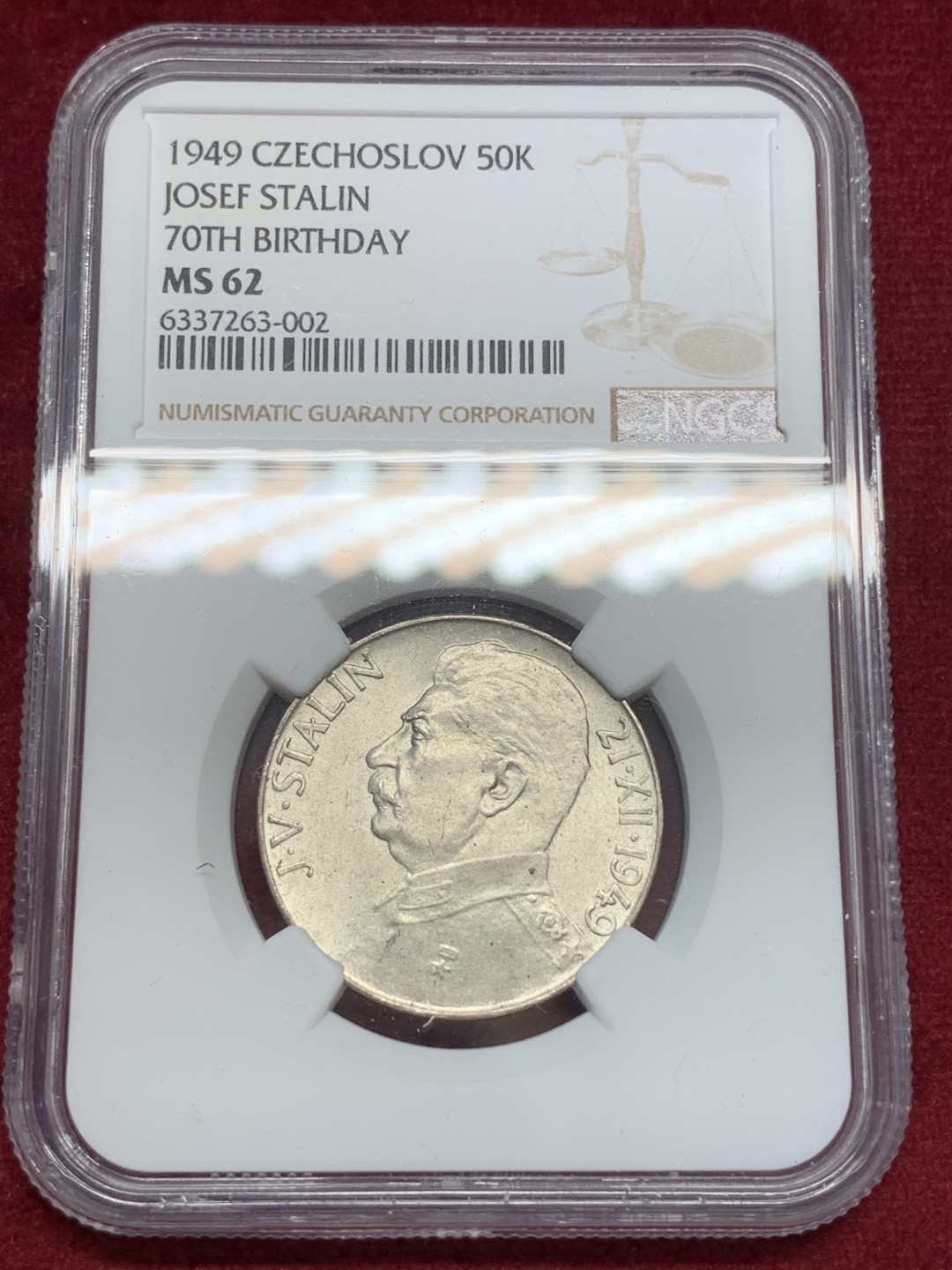 《竞宝斋》第69场-本周日，周一，周四.3场连拍（全场不限金额包邮） NGC-MS62 捷克斯洛伐克 1949年 斯大林 50克朗 银币 原光好品 稀少品种