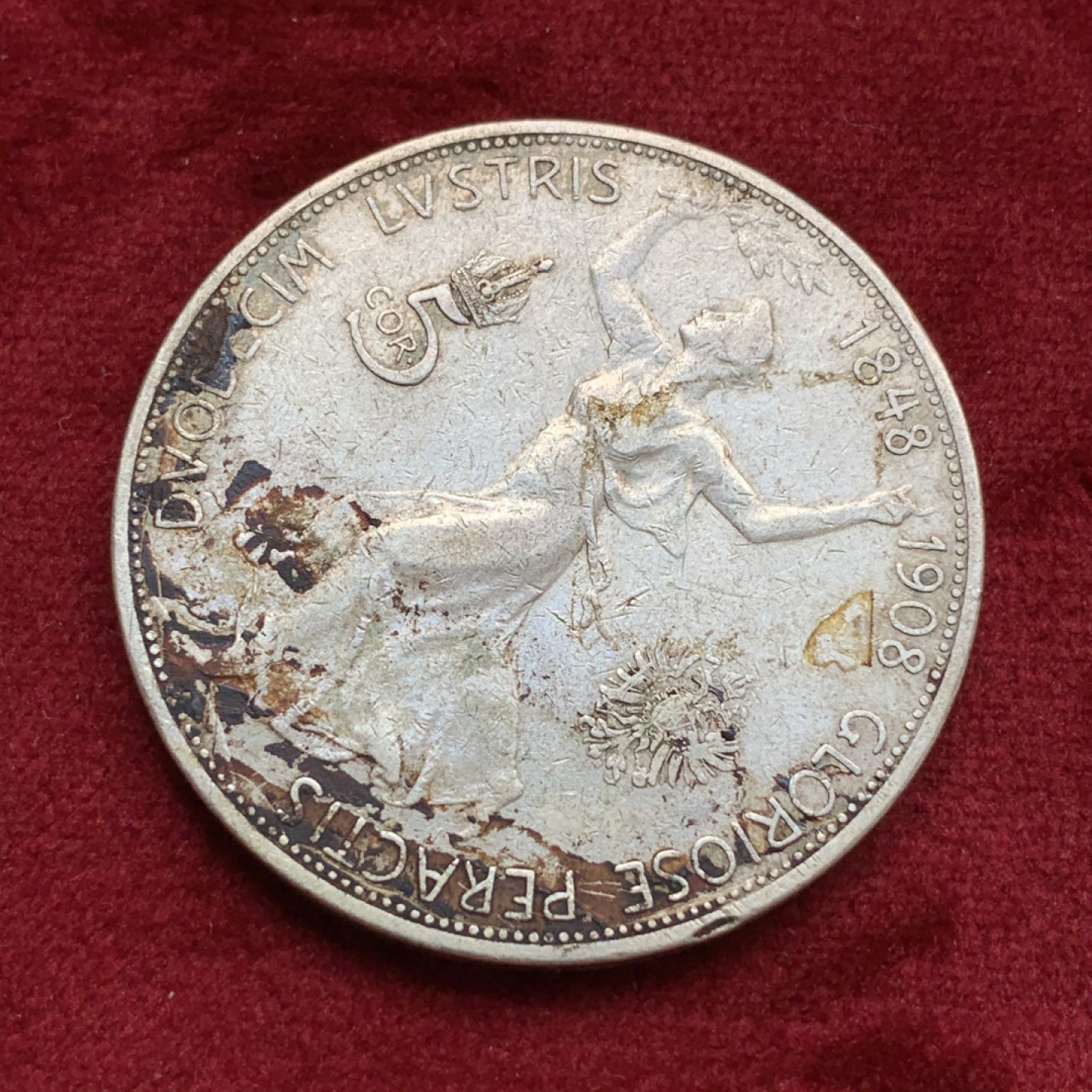 《竞宝斋》第69场-本周日，周一，周四.3场连拍（全场不限金额包邮） 1908年 奥地利 5克朗 银币 奔跑的疯女人 淡彩包浆 细节优秀 上涨品种