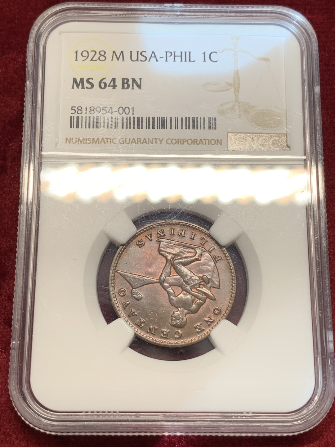 《竞宝斋》第69场-本周日，周一，周四.3场连拍（全场不限金额包邮） NGC MS64bn 美属菲律宾 1928年1分铜币 少见早期大版 好品少见 转光好状态