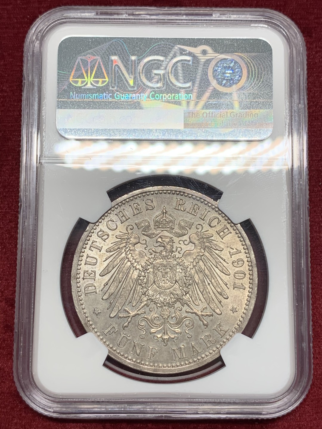 《竞宝斋》第69场-本周日，周一，周四.3场连拍（全场不限金额包邮） NGC-MS62 德国1901年 二百周年纪念 5马克 大银币 漂亮的欧洲纸袋包浆