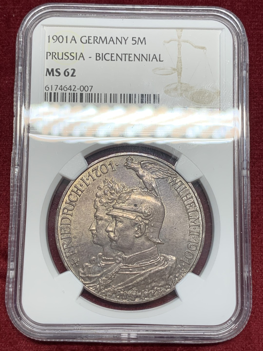 《竞宝斋》第69场-本周日，周一，周四.3场连拍（全场不限金额包邮） NGC-MS62 德国1901年 二百周年纪念 5马克 大银币 漂亮的欧洲纸袋包浆