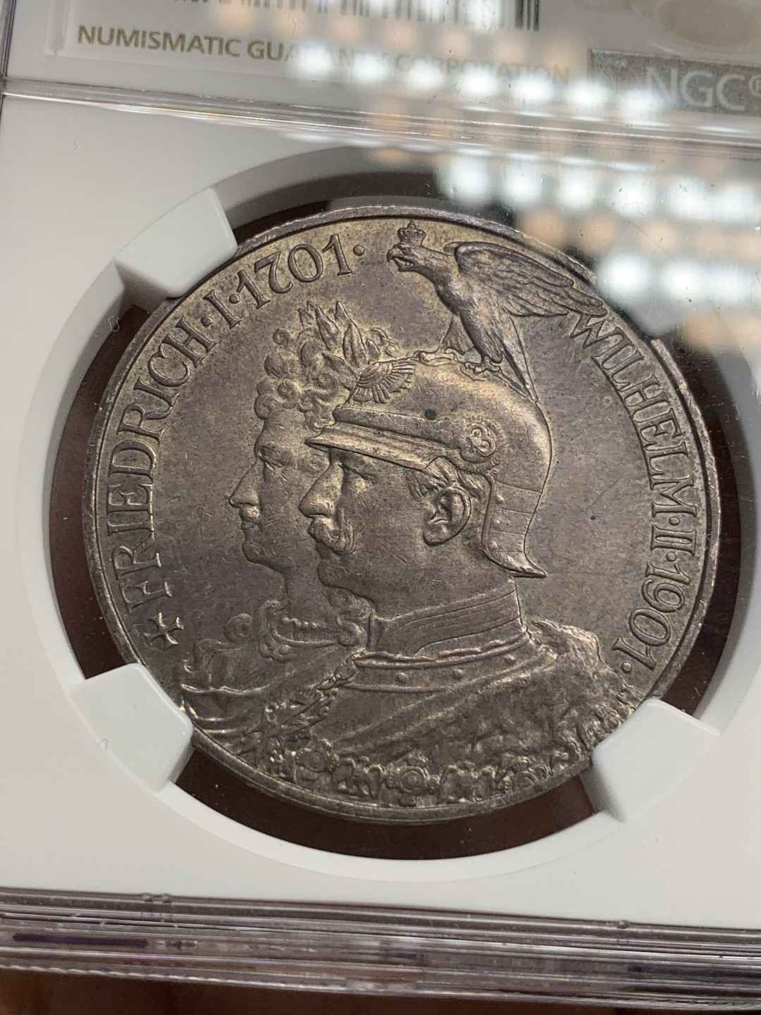 《竞宝斋》第69场-本周日，周一，周四.3场连拍（全场不限金额包邮） NGC-MS62 德国1901年 二百周年纪念 5马克 大银币 漂亮的欧洲纸袋包浆