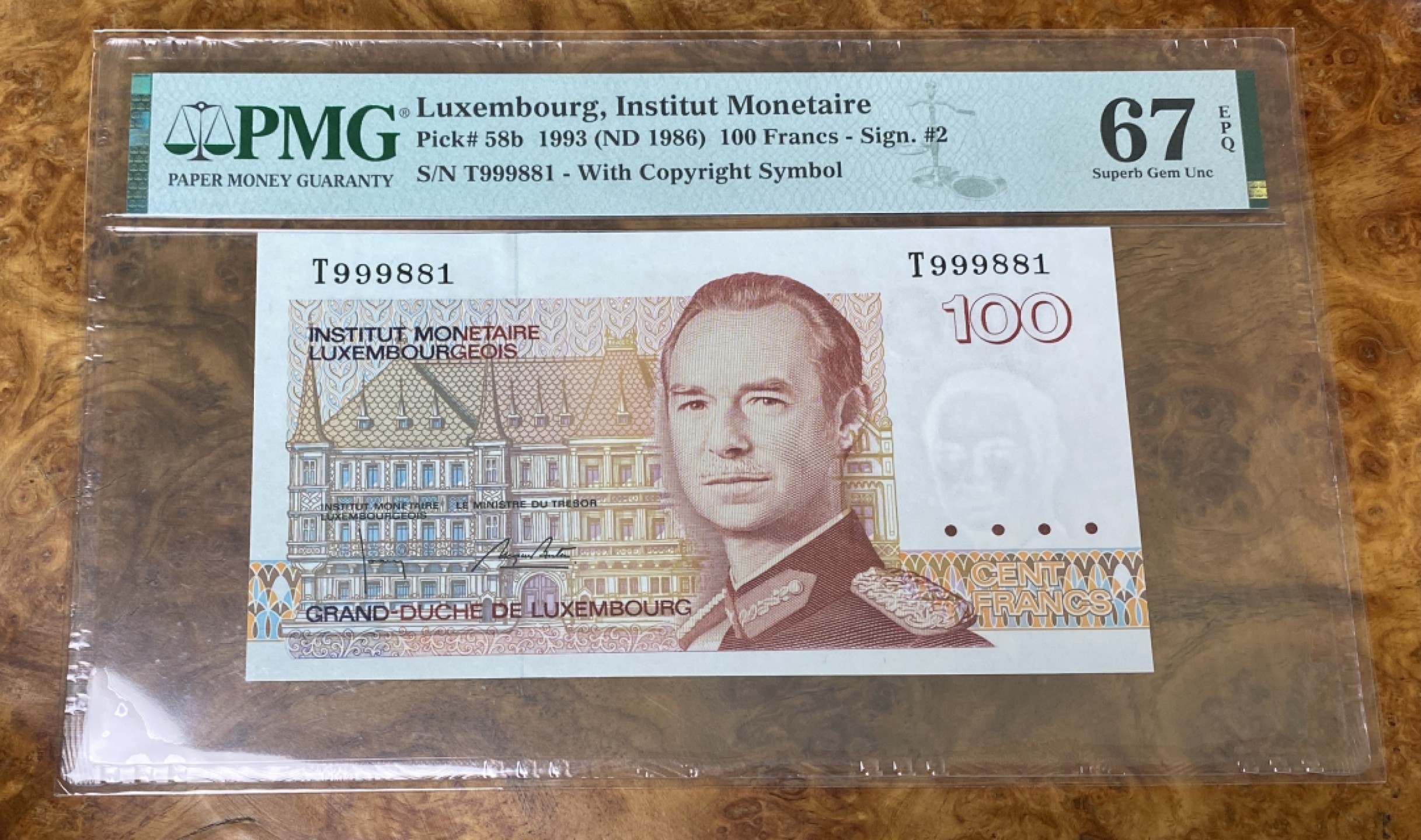 Chase Auction 第15期 - - 民国钞，外钞高分场（2022最后一期） 1993年卢森堡100法郎，PMG67分！豹子头！亚军分，更高分只有一枚！