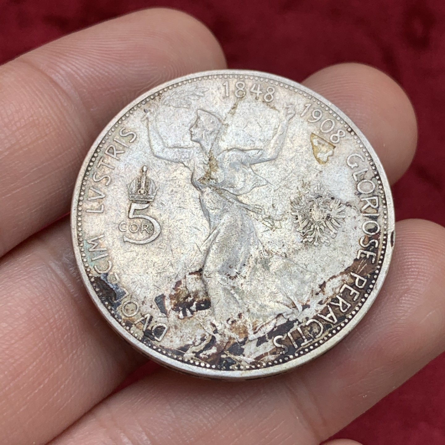 《竞宝斋》第69场-本周日，周一，周四.3场连拍（全场不限金额包邮） 1908年 奥地利 5克朗 银币 奔跑的疯女人 淡彩包浆 细节优秀 上涨品种