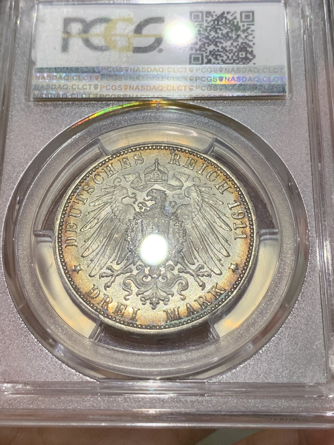 《竞宝斋》第69场-本周日，周一，周四.3场连拍（全场不限金额包邮） PCGS-MS67 德国 1911年 符腾堡 银婚姻 3马克，双面环彩，车轮强霜光，打印极佳。冠军分68外拍800刀，这枚67性价比极高