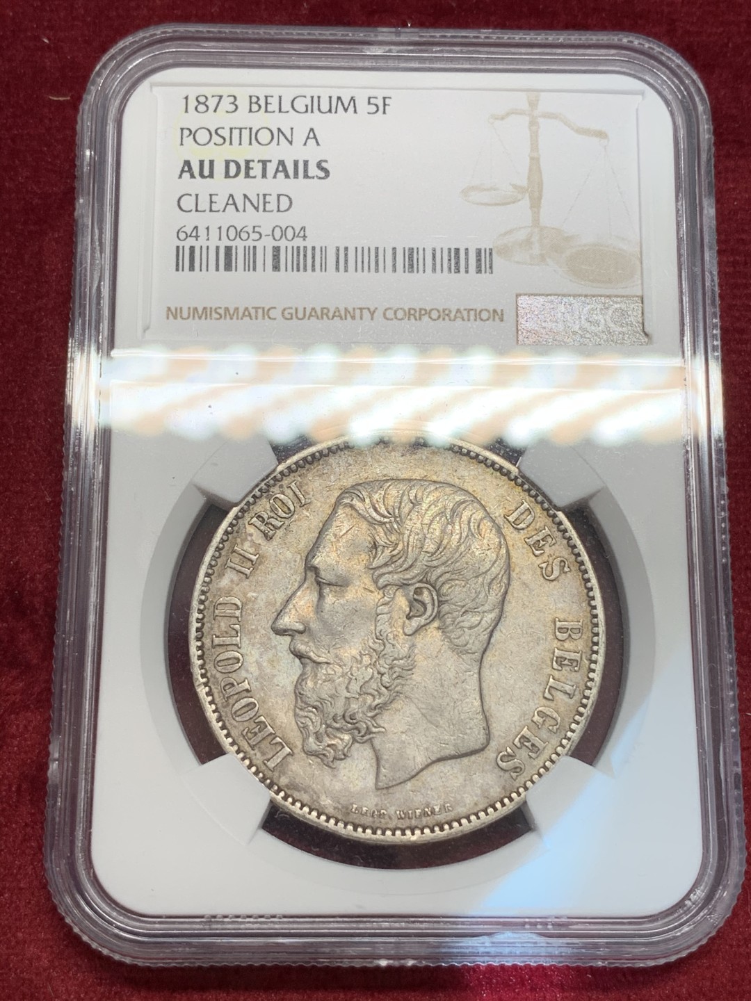 《竞宝斋》第69场-本周日，周一，周四.3场连拍（全场不限金额包邮） NGC AU细节评级 比利时 1873年利奥波德二世五法郎银币 带底光好品相