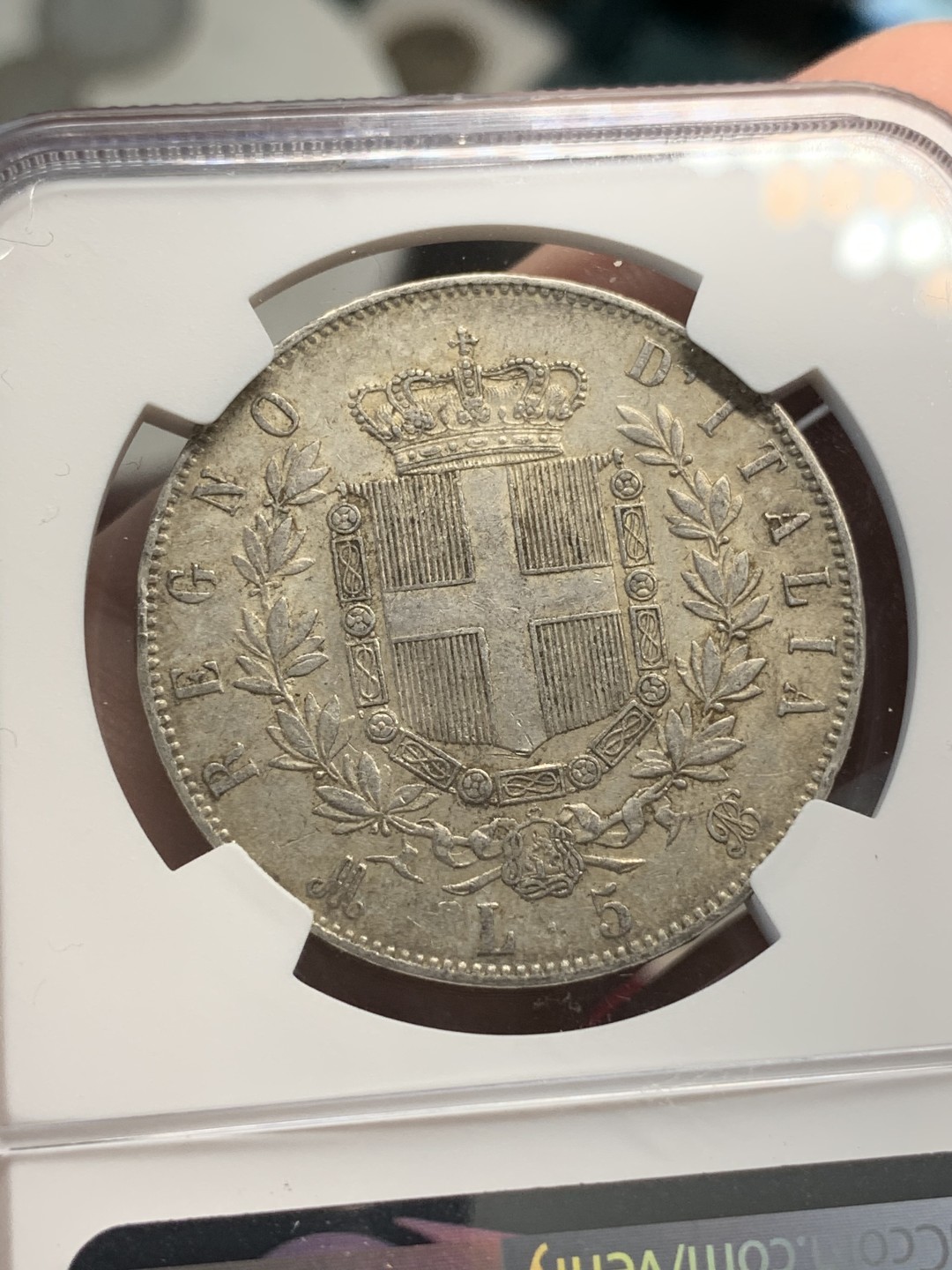 《竞宝斋》第69场-本周日，周一，周四.3场连拍（全场不限金额包邮） NGC AU50  意大利 1871年埃马努埃莱二世五里拉银币 原味包浆 给分难得  状态好