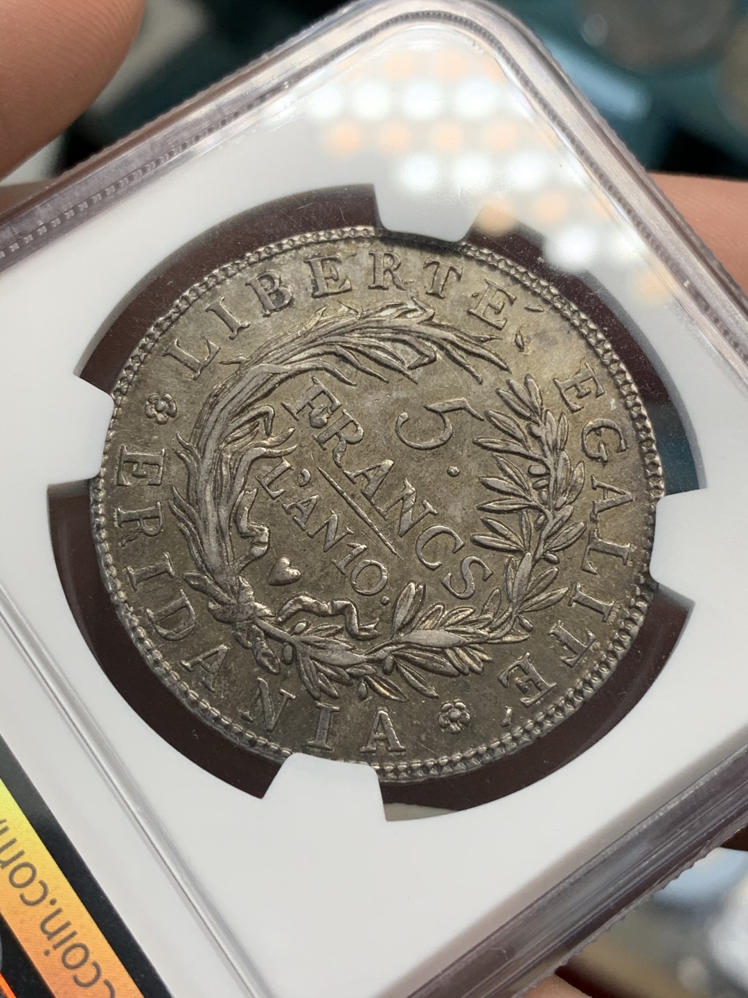 《竞宝斋》第69场-本周日，周一，周四.3场连拍（全场不限金额包邮） NGC AU58 共和10年皮埃蒙特5法郎银币 深打无减重，老包浆，最近共和历的意大利币很火，同版MS61的国内标价2万3