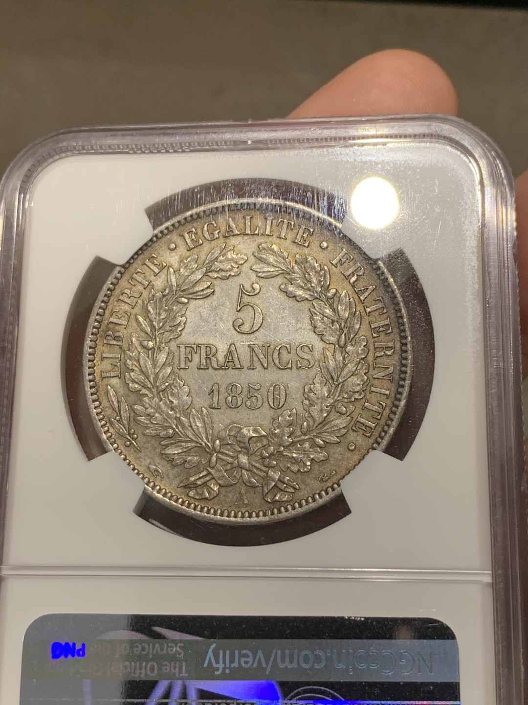 《竞宝斋》第69场-本周日，周一，周四.3场连拍（全场不限金额包邮） NGC-MS63 法国1850年 谷物女神 5法郎银币 环彩包浆 难得品相 63不错的分数 越来越少了