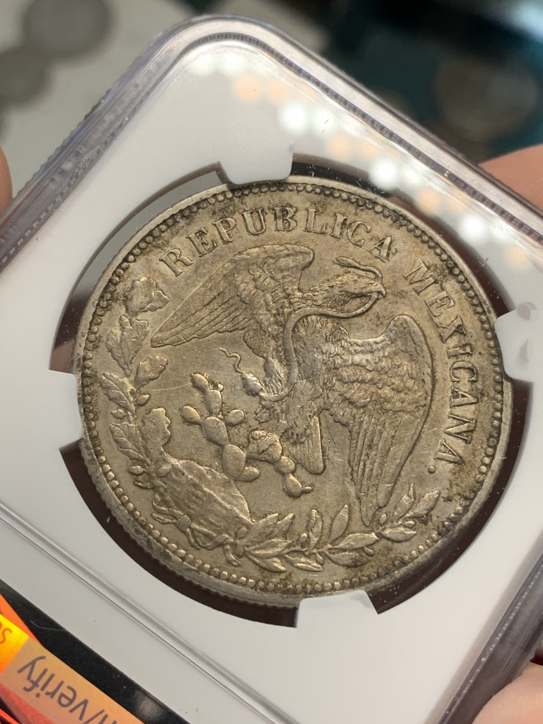 《竞宝斋》第69场-本周日，周一，周四.3场连拍（全场不限金额包邮） NGC AU50 墨西哥 1908年 墨西哥 直边 鹰洋 银币 原味包浆 细节不错