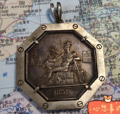 gush小明220705 法国八角银章吊坠商业保护神墨丘利 925银手工镶嵌
