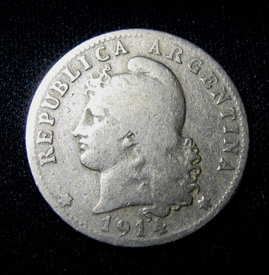 阿根廷钱币,1914稀有,戴帽自由女神20分铜镍币,目录高价