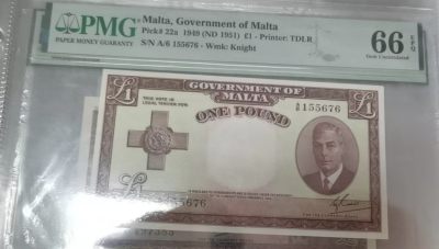 Chase Auction 第15期 - - 民国钞，外钞高分场（2022最后一期） - 1949年马耳他1镑，PMG66分！乔治六世头像！只有五枚更高分数！