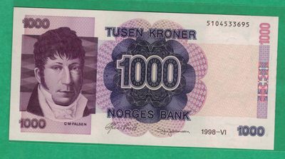 挪威1998年1000克朗 克劳斯P45-b 欧洲纸币 实物图 UNC - 挪威1998年1000克朗 克劳斯P45-b 欧洲纸币 实物图 UNC