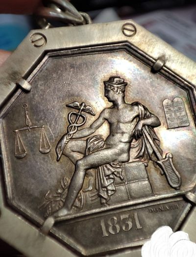 gush小明220705 法国八角银章吊坠商业保护神墨丘利 925银手工镶嵌