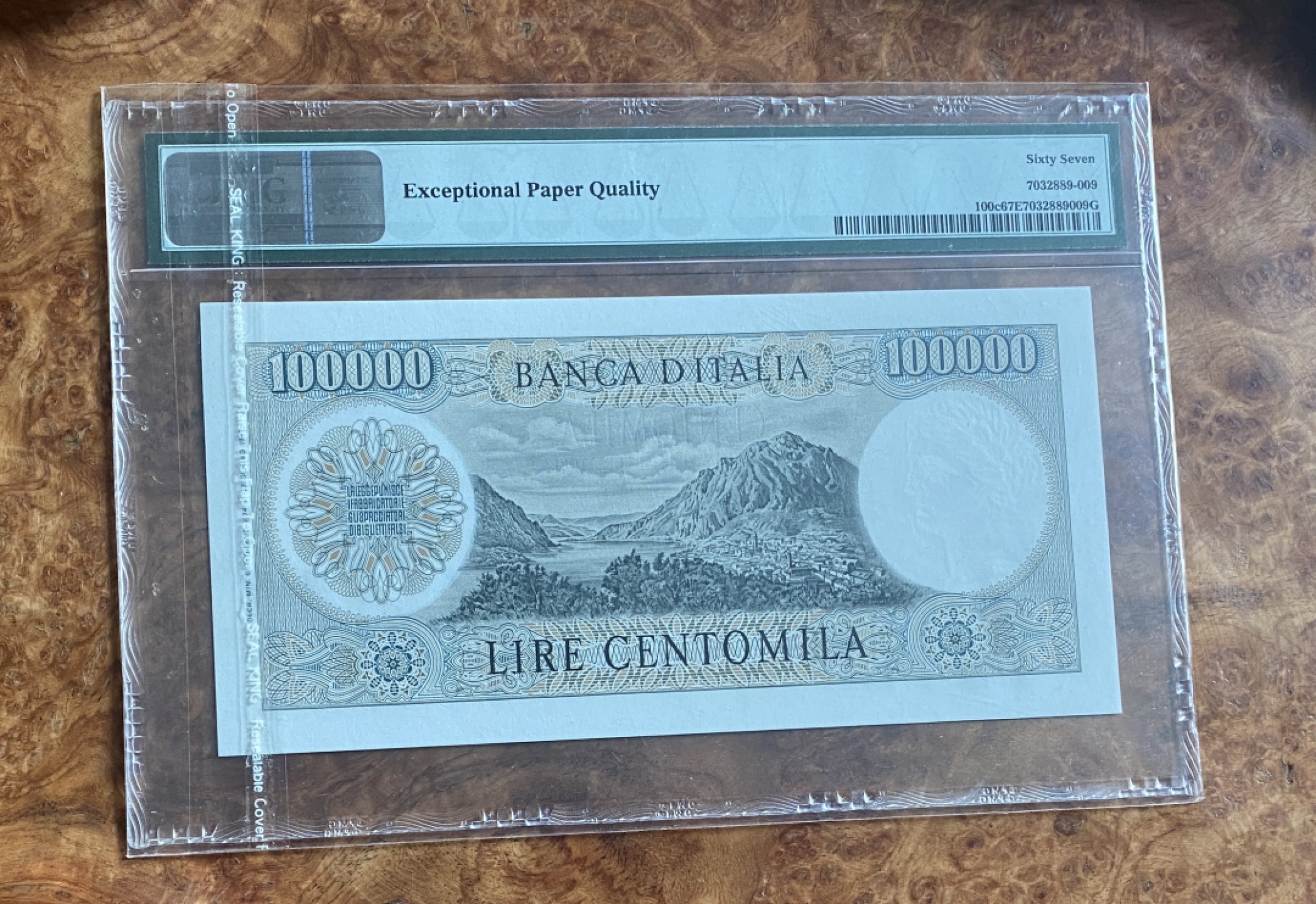 Chase Auction 第15期 - - 民国钞，外钞高分场（2022最后一期） 1972年意大利100000里拉，PMG67分，名誉品曼佐尼！亚军分，只有一枚更高分数！极致人像雕刻！