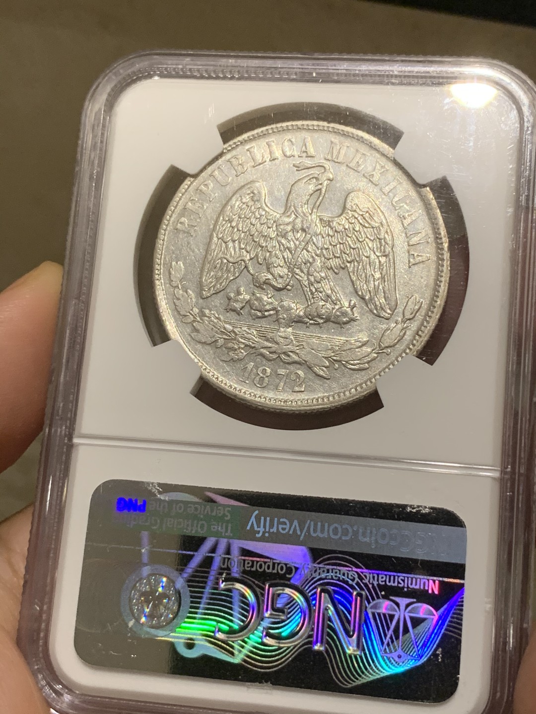 《竞宝斋》西.葡及其殖民地国家专场-第70场（全场不限金额包邮） NGC MS60 墨西哥 1872/1 年骑字版 天平鹰洋 底板光洁 打制均匀 值得收藏