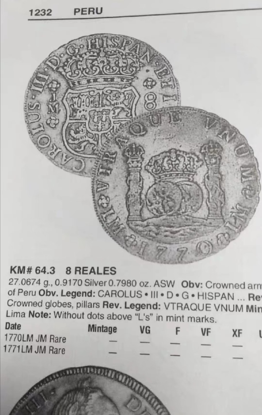 《竞宝斋》西.葡及其殖民地国家专场-第70场（全场不限金额包邮） NGC AU评级  秘鲁1770 卡洛斯三世8R地球双柱银币，稀少厂铭无点版，克劳斯目录无定价