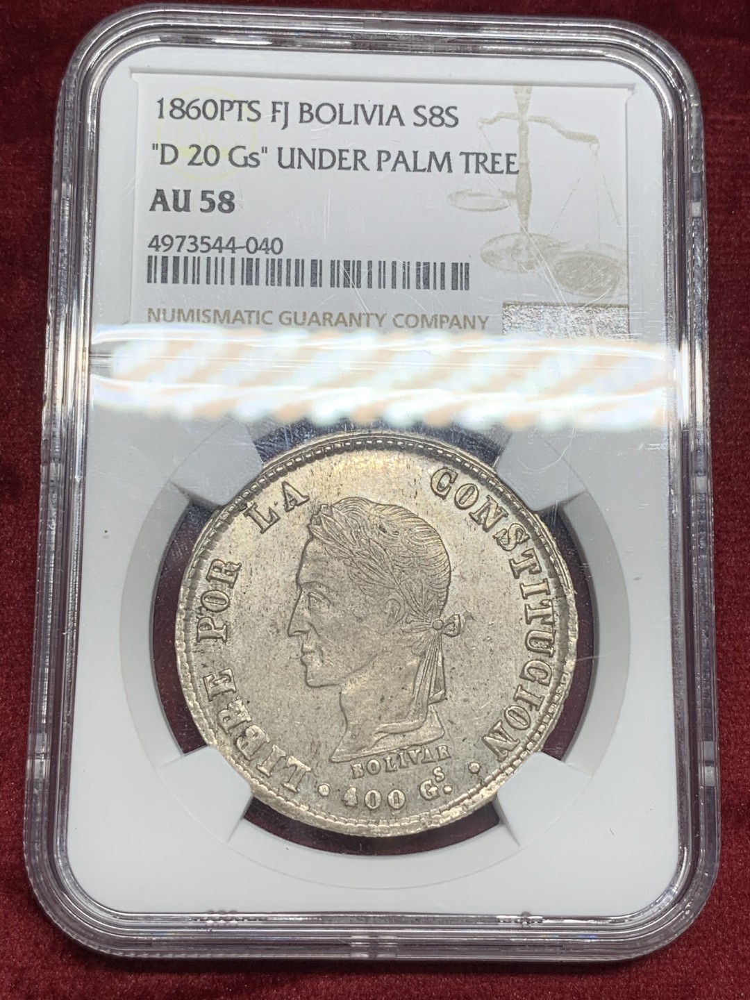 《竞宝斋》西.葡及其殖民地国家专场-第70场（全场不限金额包邮） NGC-AU58  玻利维亚 1860年 8索尔 玻利瓦尔头像银币 原光背面打制的特别好